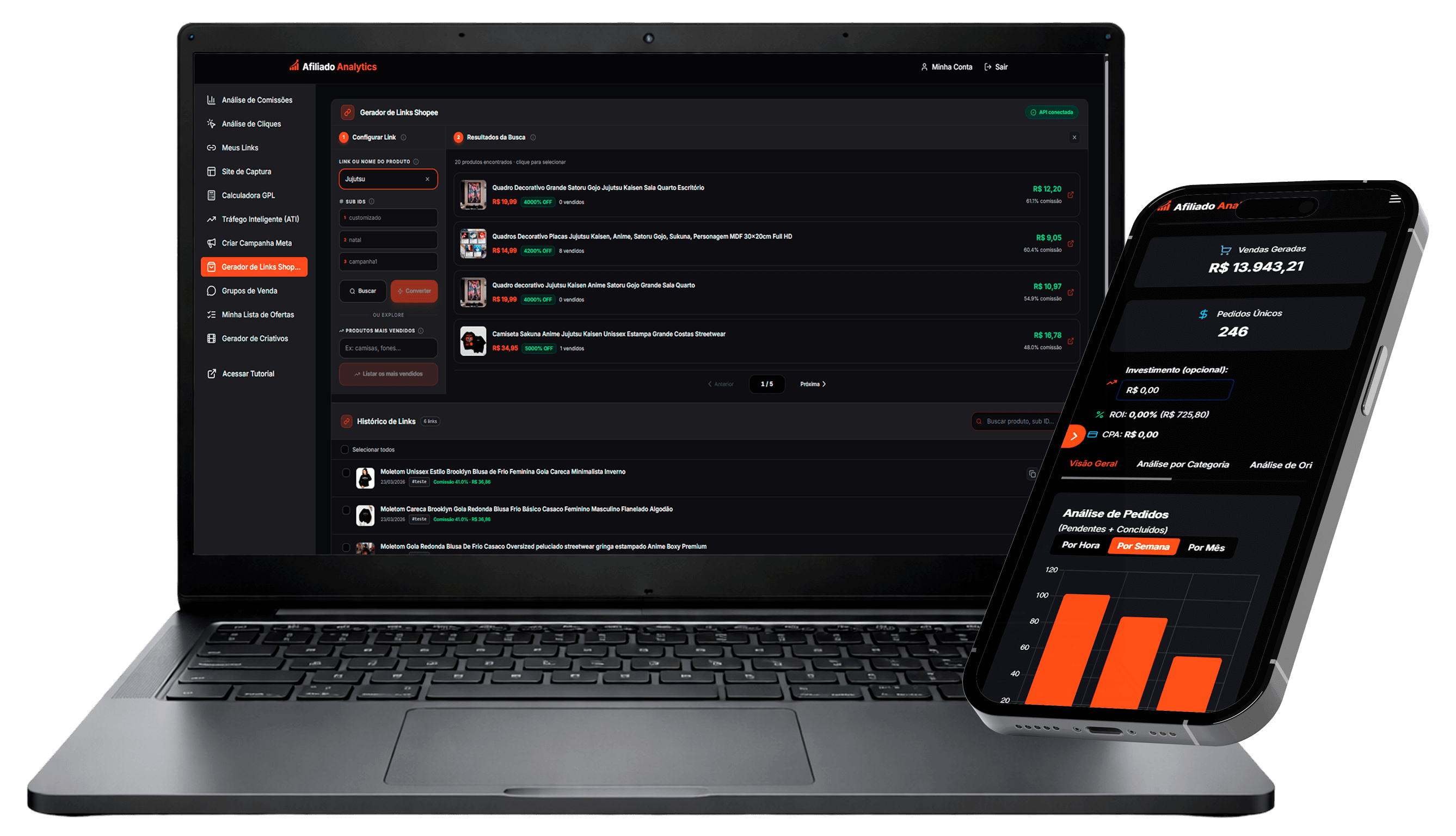 Afiliado Analytics no notebook e no celular